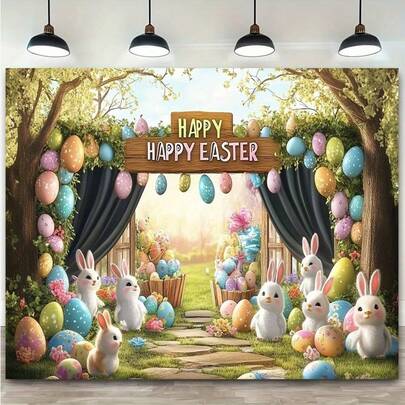 2D Flat 1pc Vibrant Easter Banner With Rabbit And Egg Design - Colorful Polyester Background For Living Room, Bedroom, Or Party Decor | Playful Bunny Design | Durable Polyester Fabric