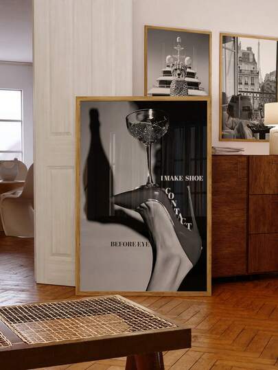 1幅无框黑白时尚艺术印刷品，高跟鞋与酒杯海报，别致的女性化墙面装饰，现代艺术画，适用于家居、宿舍、派对礼物 - 返校季，趣味海报，房间装饰墙画，复古装饰，卧室装饰