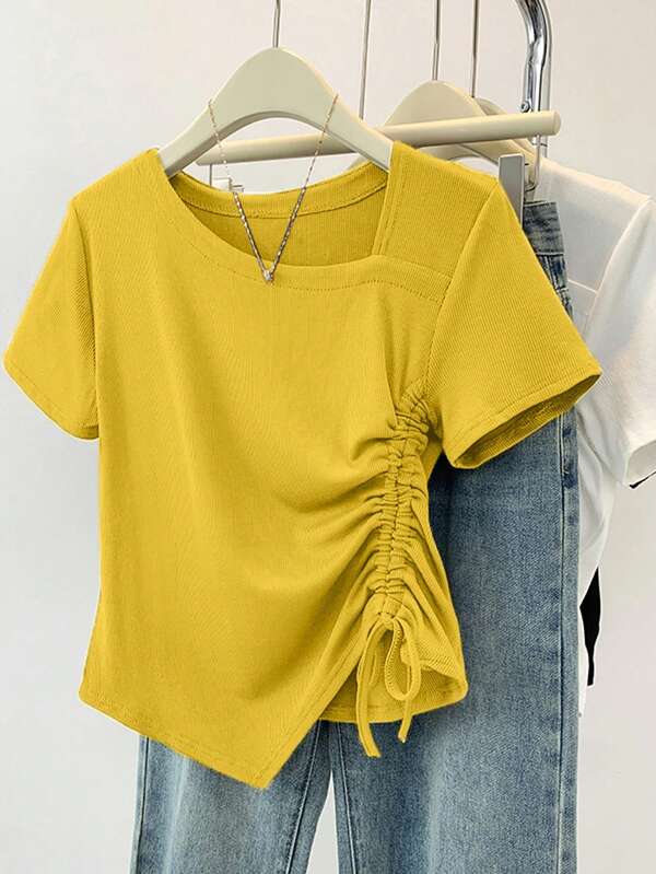 夏季新款不对称设计抽绳短袖T恤，休闲上衣