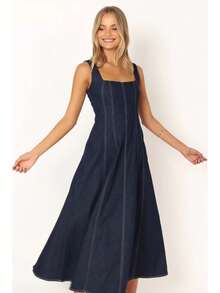 Women's High - Waisted Large - Swing Denim Dress, A Casual And Fashionable Sleeveless, Strapped And Gathered - Waist Long Dress With Side Zipper, Suitable For Spring, Summer And Autumn Seasons. - Rửa tối - Xem 4