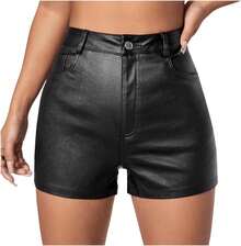 Women's Faux Leather High Waist Stretchy Shorts Bodycon BottomA Valentine's Day VV0S - 黑色 - 查看 3