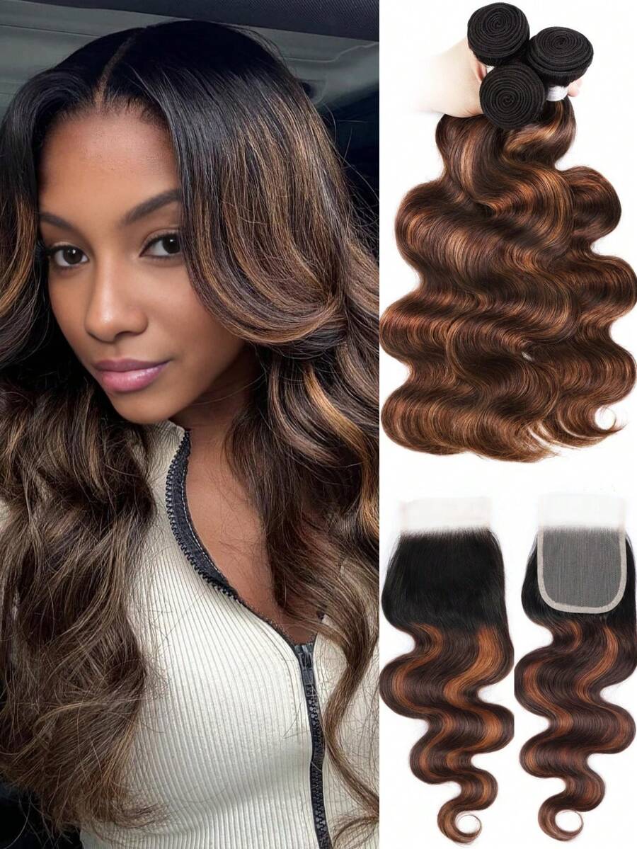 Păr uman Balayage 4x4, cu închidere din dantelă, fără partea laterală, cu 3 bucăți de mănuși ondulate, maro, cu șuvițe, 3 bucăți de păr uman ondulat, cu închidere din dantelă, țesături de păr uman ondulat, cu șuvițe