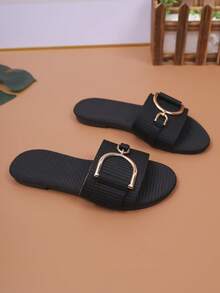 1双夏季新款条纹金扣凉鞋，女童时尚休闲露趾沙滩度假拖鞋，儿童休闲防滑平底凉鞋 - 黑色 - 查看 6