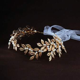 1pc Handmade Bridal Headpiece, Leaf & Faux Pearl Decor, Gold Color, Wedding/Performance Hair Accessory