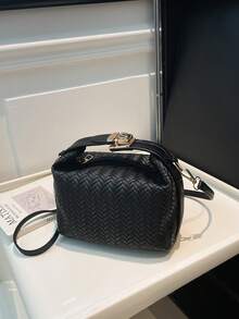 1 pieza Mini bolso con textura trenzada falsa en forma de caja, bolso bandolera de PU con correa ajustable y cremallera, bolso de mano de moda para uso diario, citas, compras, trabajo - Negro - Ver 7