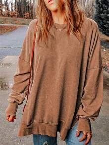 CILKOO Women's Casual Loose Fit Drop Shoulder Long Sleeve Sweatshirt, Autumn - Brown - View 3
