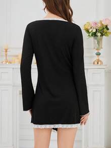1pc Women's Lace Patchwork V-Neck Cardigan, Long Sleeve Short Dress Suit, Spring/Autumn Design - Black - View 4