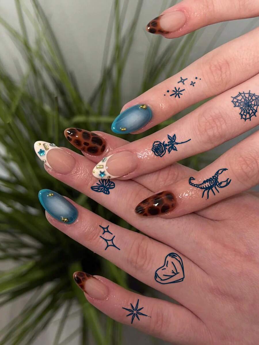 CAT QUEEN ART 2pcs Herbal Juice Semi-Permanent Tattoo Stickers Y2K Mini Floral Butterfly Small Pattern 7-14 Days Long-Lasting Waterproof Non-Fading Finger Ear Behind Shoulder Neck Collarbone Body Temporary Innovative Tattoo Stickers - Blue - View 1