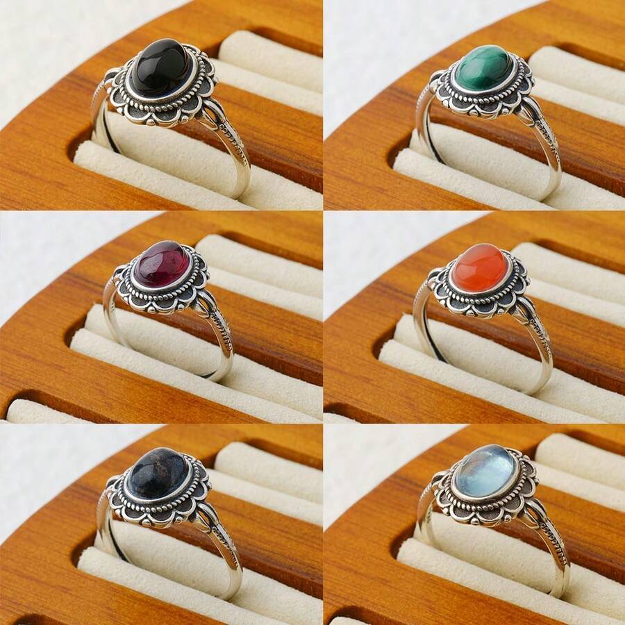 1pc Adjustable 925 Sterling Silver Ring Inlaid With 5*7mm Natural Garnet/Aquamarine, Bohemian Style Women's Ring, Elegant Jewelry Gift For Birthday/Daily Commute - View 1