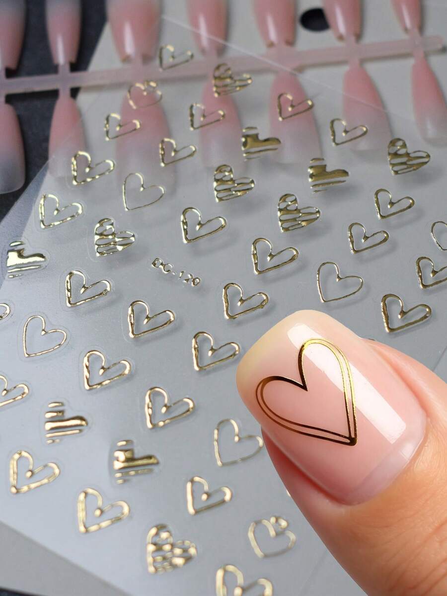 1片箔心形美甲贴纸，银色和玫瑰金镂空浮雕设计，一次性自粘，情人节主题，节日礼物，适合女性装饰指甲的美甲用品 - 金色 - 查看 1
