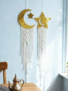 1 pezzo/2 pezzi Appendiabiti da parete intrecciato a forma di luna e stelle, decorazione da parete in macramè bohémien con lunghi nappine, elegante opera d'arte da parete per la casa, sfondo per feste e festival, creatore di atmosfera zen, pendente da parete per camera da letto, soggiorno e ingresso in stile fattoria, decorazione per vacanze, regalo di arredamento per la casa - Multicolore - Visualizzare 8