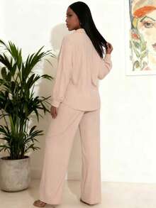 Women's Fashion Sequin Casual 2-Piece Set, Including Front Button Long Sleeve Shirt And High Waist Drawstring Straight Pants, Autumn Spring - Apricot - View 3