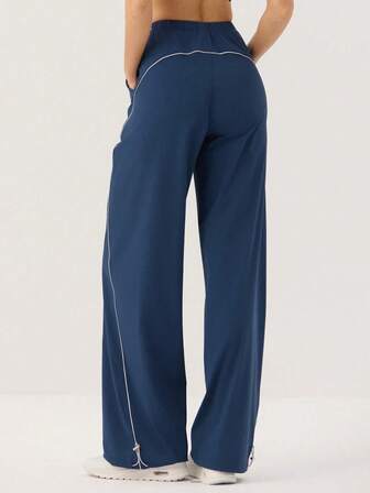 女士条纹抽绳腰宽松口袋运动裤