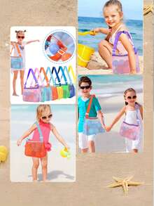 个性化网眼沙滩包，定制儿童贝壳图案手提袋，情人节礼物（男女皆宜），便携式沙滩玩具收纳速干游泳包，儿童度假必备，旅行整理包 - 彩色 - 查看 6