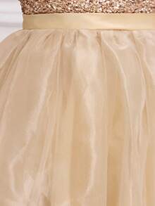 少女闪亮金色亮片长款伴娘礼服，蓬蓬薄纱公主生日舞会礼服，毕业典礼花童礼服 - 金色 - 查看 9