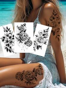 3张女士临时纹身贴纸，半永久性半臂纹身防水身体彩绘贴纸，适合情人节，持久逼真性感花卉纹身