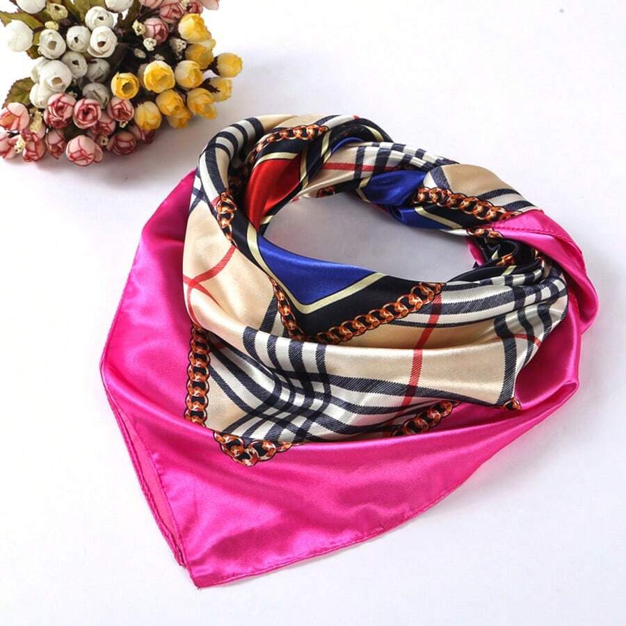 Women's Large Square Satin Scarf 90x90 Chic Polyester Printed - Hot Pink - View 1