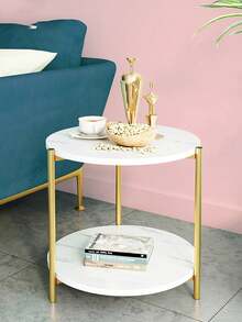 Mesa de centro Mesa auxiliar redonda con diseño de mármol, mesa auxiliar moderna y sencilla junto al sofá, soporte de almacenamiento de 2 niveles - Blanco - Ver 3