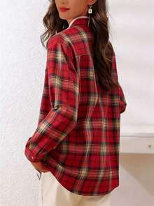 Camisa casual de mujer de manga larga con botones delanteros y bolsillo a cuadros - Rojo - Ver 5