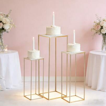 3个圆柱形底座，方形金色金属植物圆柱支架，适用于派对鲜花、展示底座、圆柱形桌子、花瓶生日派对装饰