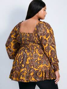 Women's Floral Print Ruffle Hem Vacation Blouse Spring - Orange - View 2