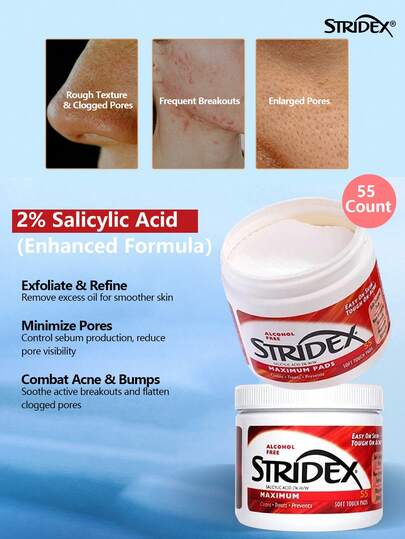 Stridex 55片水杨酸洁面棉片，温和去角质，控油，细致毛孔，清洁，缩小毛孔，提亮肤色