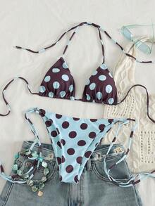 女士可爱波点露背挂脖比基尼套装，侧系带丁字裤，中等弹力泳装，适合度假海滩 - 棕色 - 查看 6