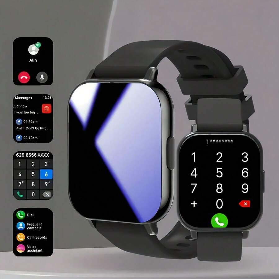 1.83英寸全触控屏智能手表，兼容和Android 5.2及以上系统的智能手表，内置180mAh电池，支持语音控制、通话/接听、人工智能助手、超过100种运动模式、计步器，男女皆宜。