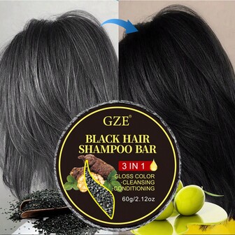  Barra de champú negro GZE - Champú barra 3 en 1 para realzar el color, limpiar y acondicionador con cobertura instantánea de canas - Infundido con sésamo negro y extractos vegetales para tinte de cabello natural, brillo sedoso y control del frizz - Sin sulfatos, vegano, barra de jabón de 60g para viaje para hombres y mujeres