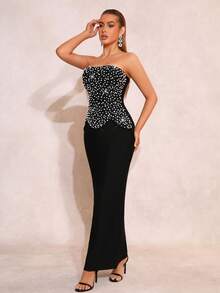 Sexy Women's Heavy Industrial Pearl & Rhinestone Decor Strapless Sleeveless Slit Bodycon Dress, Suitable For Wedding Guests And Party Wear - Black - View 7