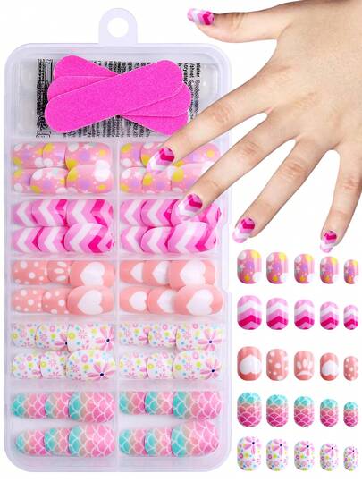 NAIO 120 Pieces/Set Y2K Baddie Style Kids Press-On Nail Stickers, Acrylic Material, Pre-Coated Gel, Full Coverage, Sparkly And Cute Patterns Including Mermaids, Stripes, Flowers, Hearts And Floral Elements, Short Adhesive Nail Stickers, Comes With 3 Pcs Of Jelly Gel And 3 Pcs Of Nail File, Perfect For Little Girls - Cute Colorful Theme. Nail Supplies