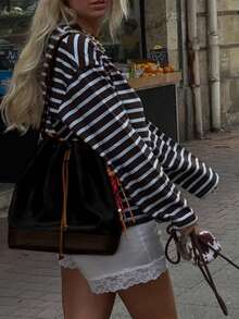 New Stylish Elegant Ribbed Round Neck Long Sleeve Striped Knit Top - Brown - View 4