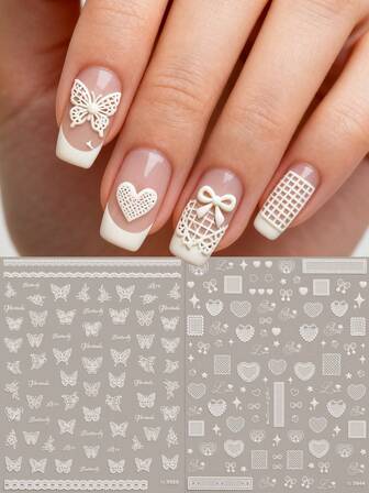 2片装蕾丝爱心蝴蝶浮雕美甲贴纸，白色，浪漫设计，精致5D效果，情人节、音乐节、婚礼季、嘉年华主题，易于粘贴的美甲装饰，DIY，礼物，婚礼派对妆容，Y2K风格