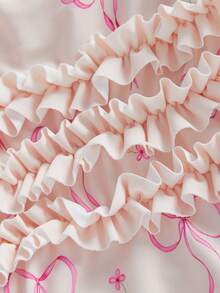 Toddler Girl Rash Guard Swimsuit Set Girls Bow Print Long Sleeve Round Neck Ruffle Jumpsuit And Hat Set For Pool Beach - Khaki - View 7