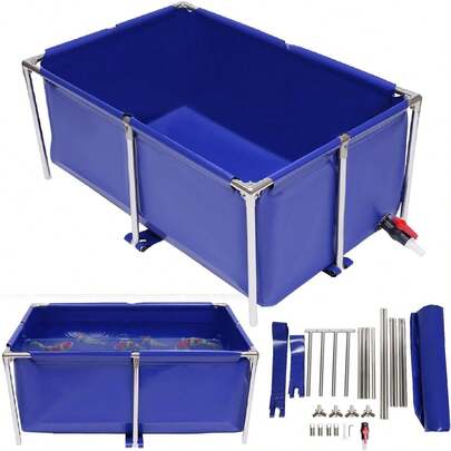 Canvas Above Ground Fish Pond With Steel Frame, Drain Valve, Blue Aquarium Pool, Koi Pond, Foldable Water Storage, Display Show Tank Portable Enclosure Fishtank