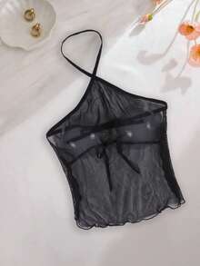 Women's Sexy Black Mesh Halter Camisole Top, Backless Lingerie Lace-Up Sheer Blouse - Black - View 1