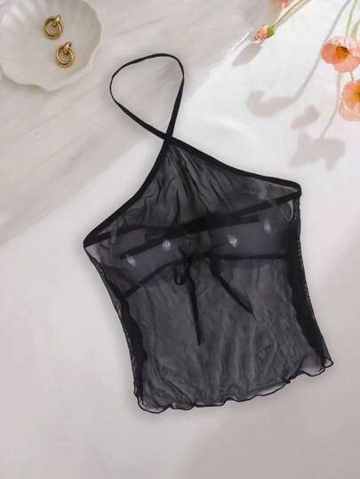Women's Sexy Black Mesh Halter Camisole Top, Backless Lingerie Lace-Up Sheer Blouse