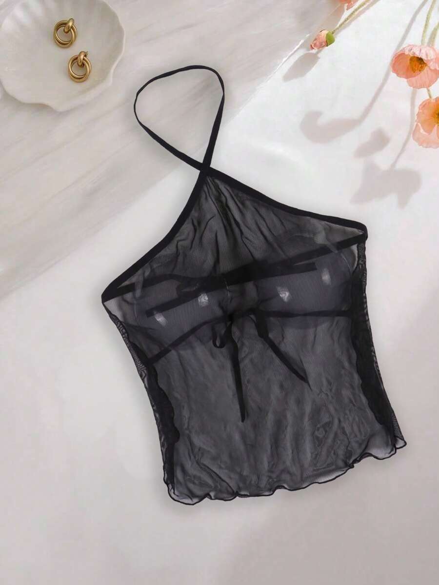 Women's Sexy Black Mesh Halter Camisole Top, Backless Lingerie Lace-Up Sheer Blouse - Black - View 1