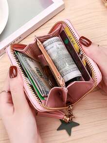 1pc Women Short Zipper Tassel Leather Coin Purse, Cartoon Cute Personalized Coin Wallet Card Holder