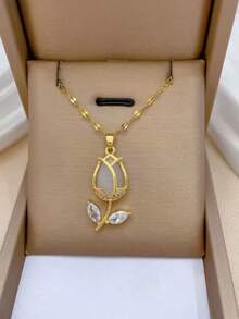 1pc Fashionable Tulip Necklace For Women, Luxury Minimalist Unique Design, High-Quality Elegant Versatile Choker Necklace - Gold - View 2