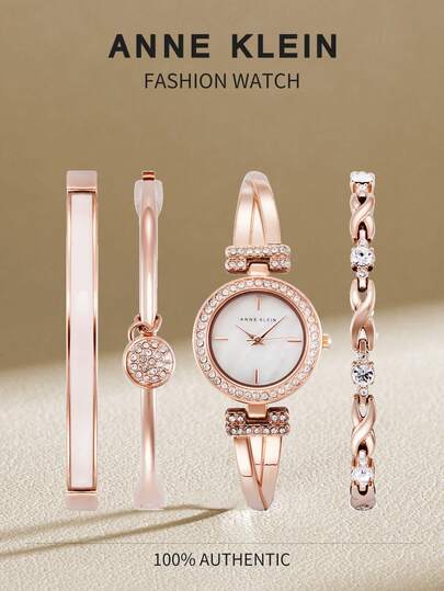 Anne Klein Conjunto de reloj de pulsera con cristales y 3 brazaletes de oro rosa de lujo - Reloj de cuarzo con esfera de diamantes, elegante conjunto de regalo para mujer, AK/2238RGST