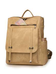 Ba lô nữ bằng nylon có nắp gập, kiểu dáng vuông tối giản với dung tích lớn, phù hợp để đi mua sắm, đựng ví, túi xách, dành cho phụ nữ trẻ, sinh viên đại học, người mới bắt đầu, nhân viên văn phòng. Lý tưởng cho văn phòng, trường đại học, công việc, kinh doanh, đi lại, hoạt động ngoài trời, du lịch và dã ngoại. - Màu Mù tạt vàng - Xem 7