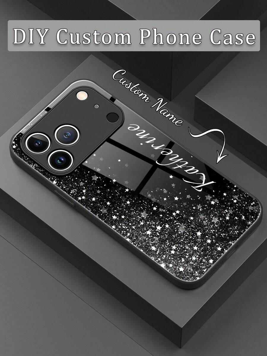 1pc Customized Name, Black Star Pattern High-End Business Fashion Minimalist Compatible With Apple Design, Tempered Glass + TPU Soft Edge Shock-Resistant Scratch-Resistant Phone Case Compatible With Apple 17 Pro Max/16 Pro Max/15 Pro/14 Plus/13 Pro/12 Pro Max/11/Xs Max/8/7/6 Plus, S24 Ultra/S25 Ultra, Compatible With Redmi/ Phones,International Version, Not The Domestic Version - Black - View 1