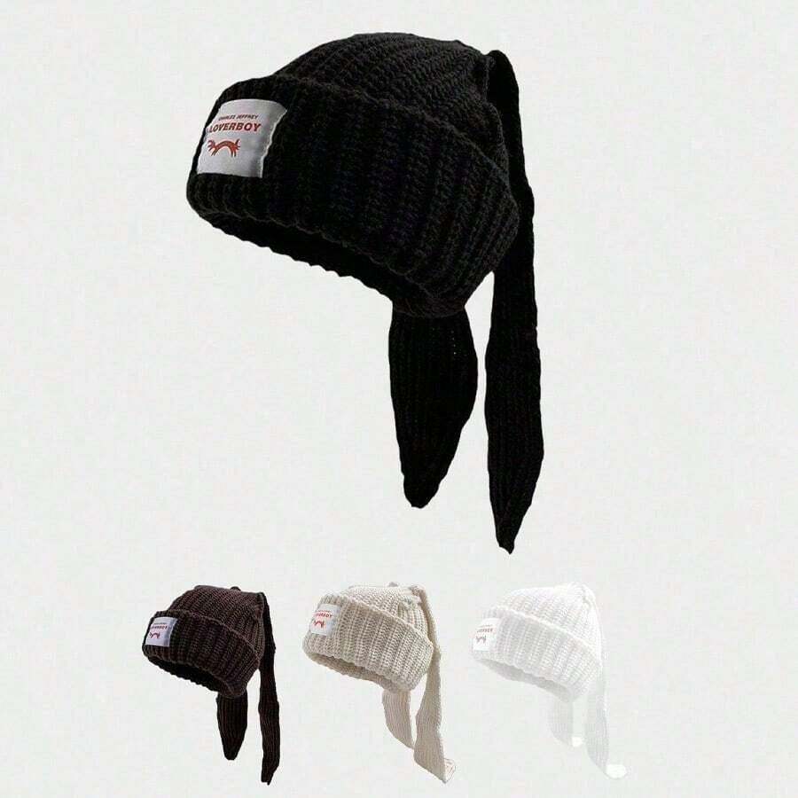1pc Y2K Style Unisex Loverboy Bunny Ear Knitted Beanie Hat, Suitable Street Parties, Outdoor Use In Autumn And Winter Seasons - 針織帽 - 查看 1