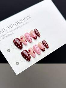 10 Móng Tay Giả Thủ Công Hoàn Toàn, Kiểu Móng Ngắn Hình Hạnh Nhân, Có Màu Sơn Nền Bóng Được Trang Trí Bằng Họa Tiết Chấm Bi Và Thiết Kế Đầu Móng Kiểu Pháp Màu Hồng Và Đỏ. - Nhiều màu - Xem 4