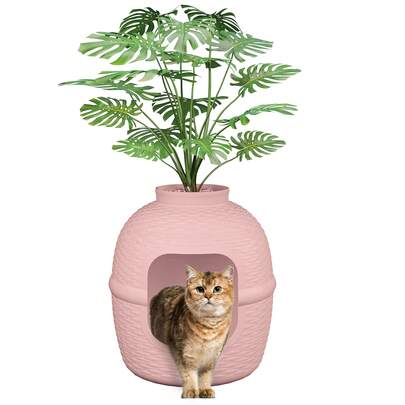 Hidden Litter Box With Faux Plant, Large Cat Litter Box With Rattan Pattern, Heavy Duty PP Material Litter Box Enclosure Furniture For Home Decor, Pink