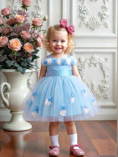 女婴花朵薄纱可爱蓬蓬花童礼服，适合一周岁生日庆祝和外出，不含头饰