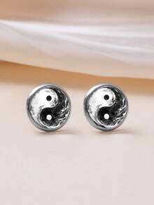 1 Pair Yin Yang Tai Chi Swirl Ink Painting Pattern 316 Stainless Steel Earrings, Vintage Minimalist Style Suitable For Women's Daily Wear And Gifts, Elegant Simple Design Jewelry Earrings Suitable For Women's Daily And Holiday Wear - Silver - View 4