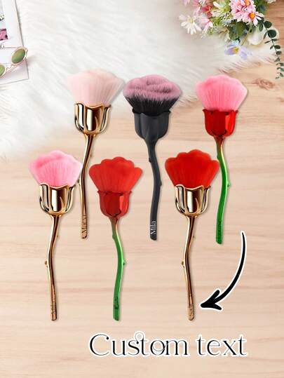1pc Custom Rose Makeup Brush, Personalized Loose Powder Brush With Custom Logo, Multifunctional Makeup Tool, Foundation And Powder Blending Brush, Makeup Tool Suitable For Base Makeup, Soft Nylon Brush For Powder Blending, Suitable For All Skin Types, Professional Makeup Brush Set, Stylish Black Handle, Dense Bristles