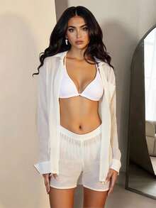 Bonvoyette 夏季海灘純色下擺尖領前釦襯衫 + 短褲套裝